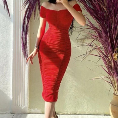 Ria Off Shoulder Ruched Bodycon Midi Dress