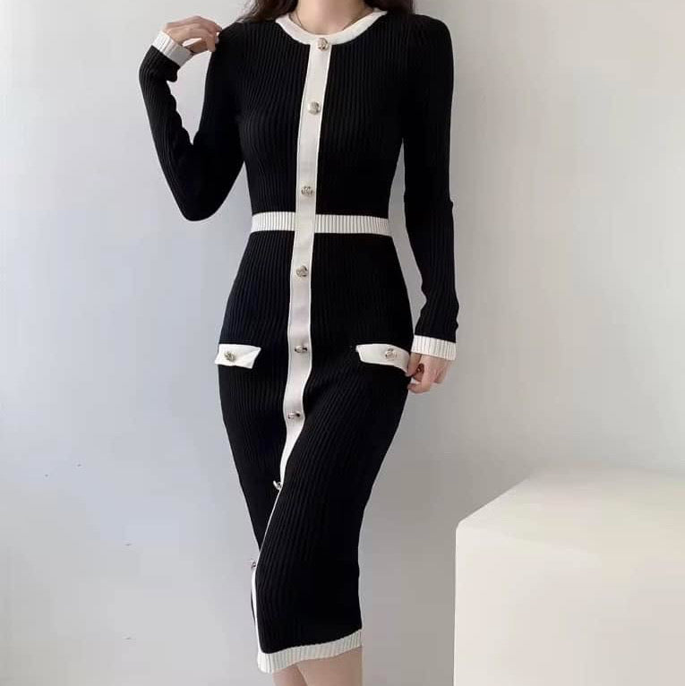 Rose Elegant Black Monochrome Bodycon Midi Dress