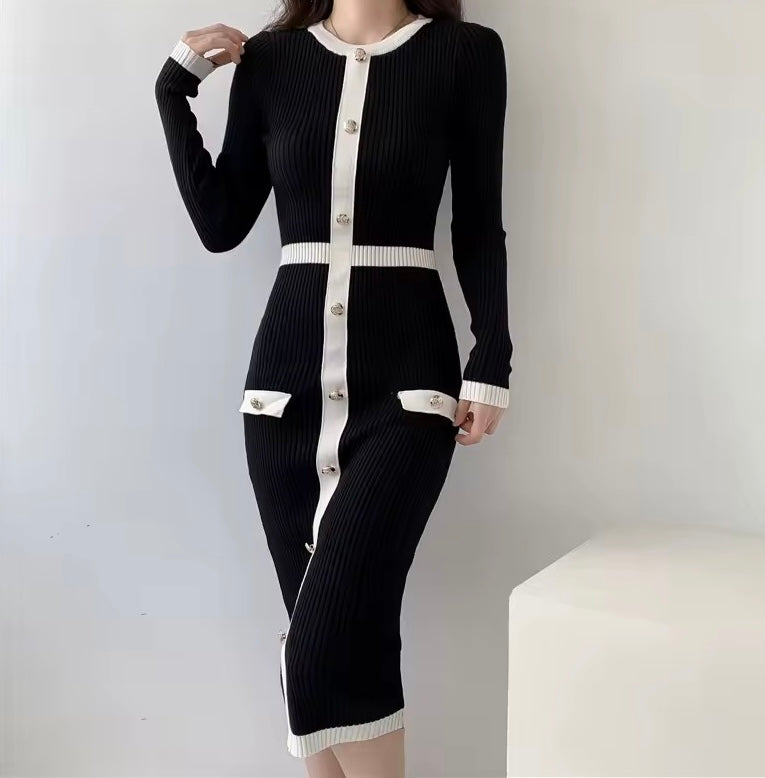 Rose Elegant Black Monochrome Bodycon Midi Dress