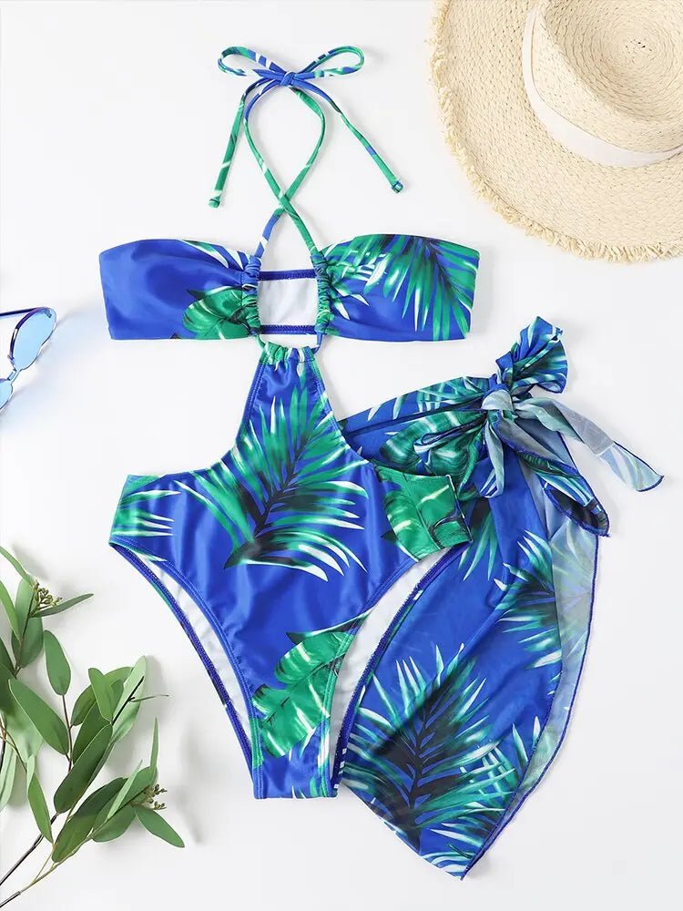 Miami Sexy Blue Print 2-Piece Swimsuit & Skirt Set - House Of Reese