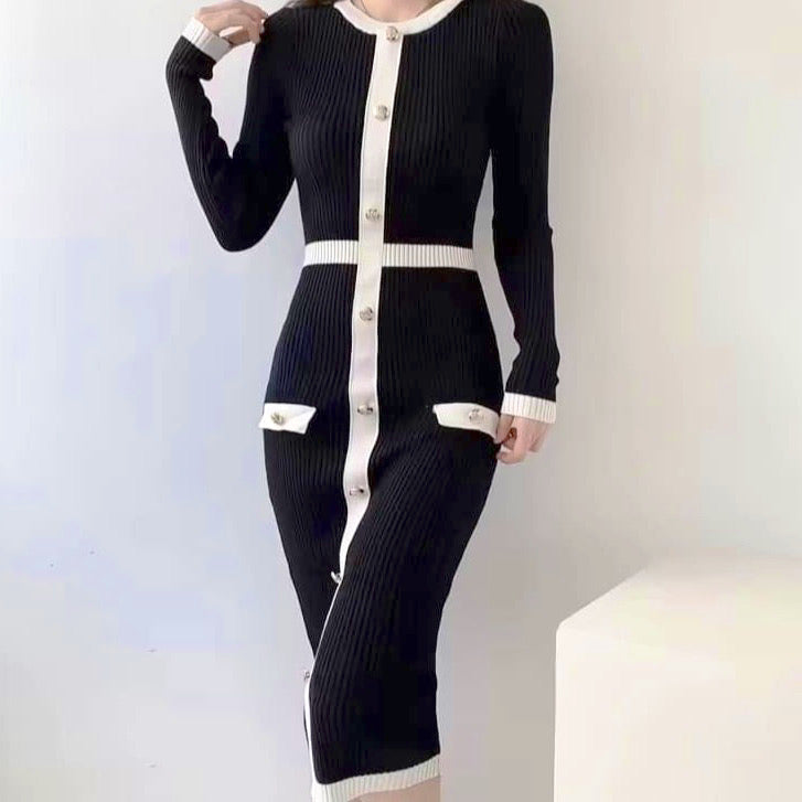 Rose Elegant Black Monochrome Bodycon Midi Dress