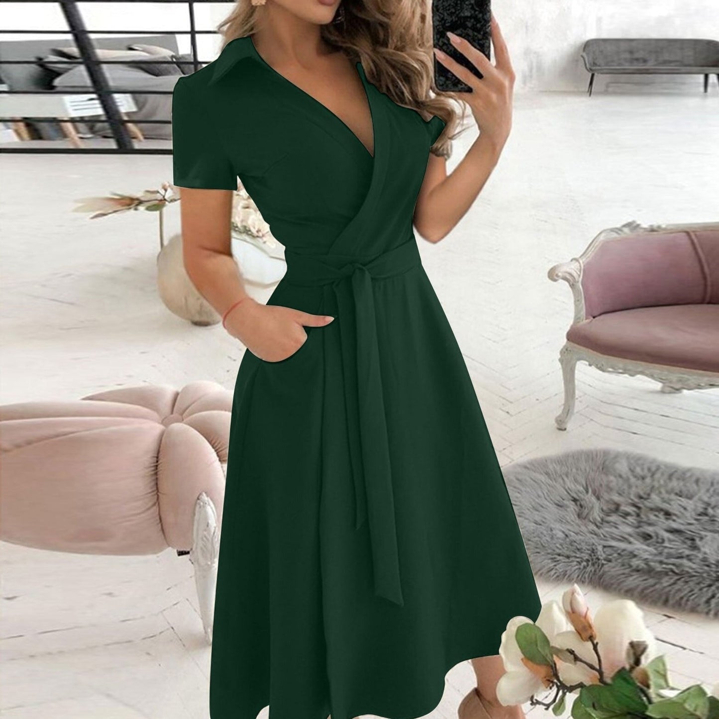 Alessandra Elegant Belted A-Line Midi Dress With Collar - House Of Reese