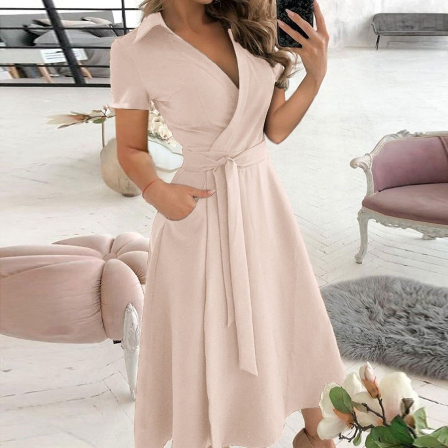 Alessandra Elegant Belted A-Line Midi Dress With Collar - House Of Reese