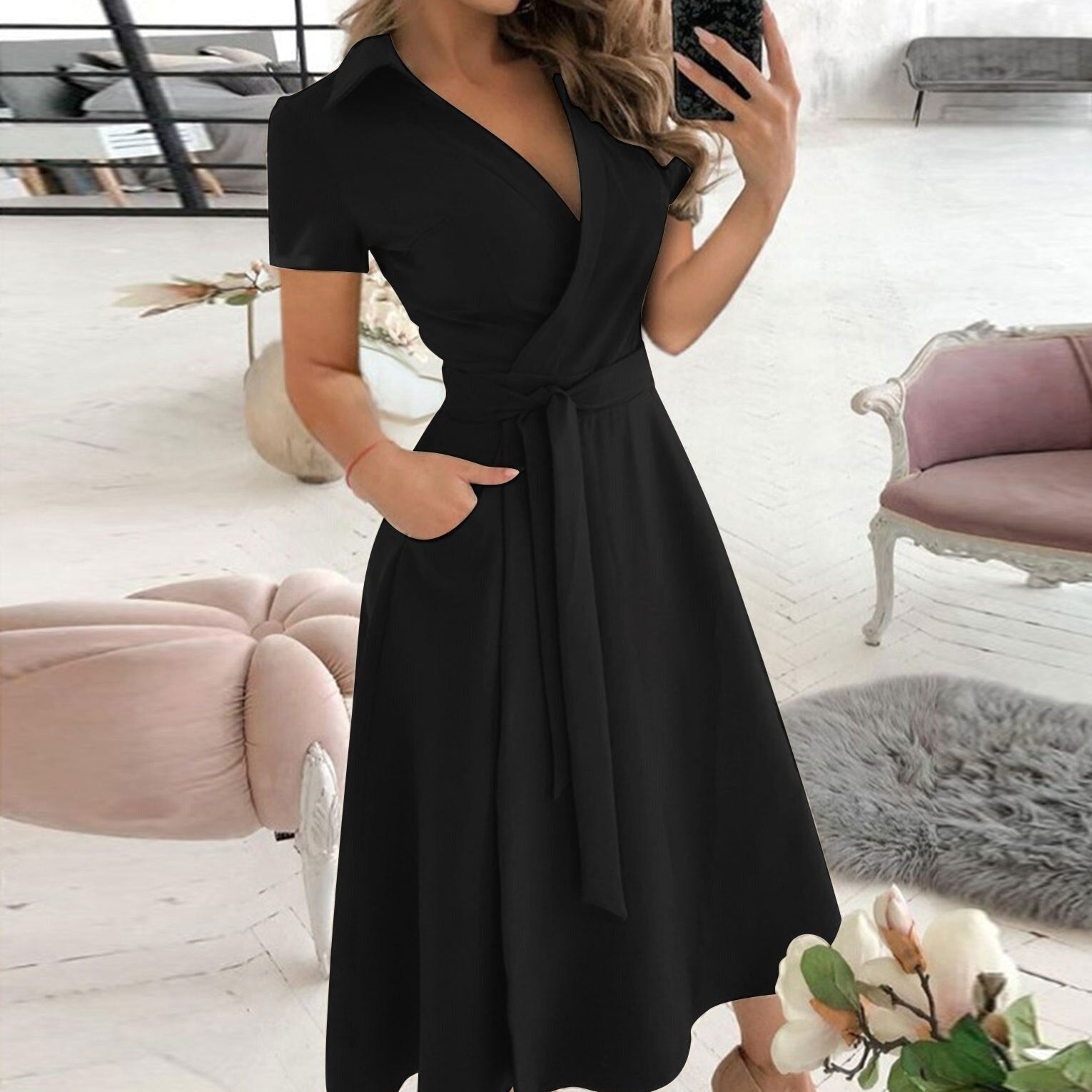 Alessandra Elegant Belted A-Line Midi Dress With Collar - House Of Reese