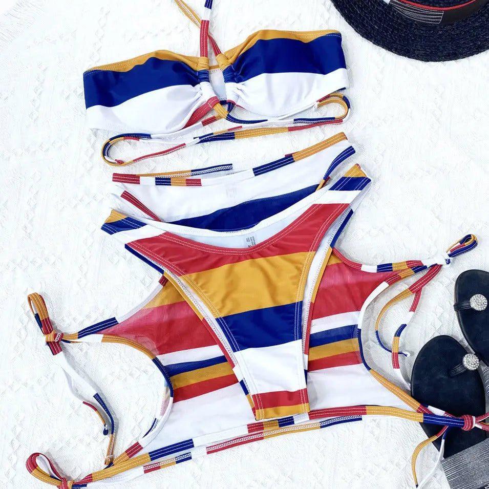 Dallas Striped 3-Piece Bikini & Skirt Swim Set - House Of Reese