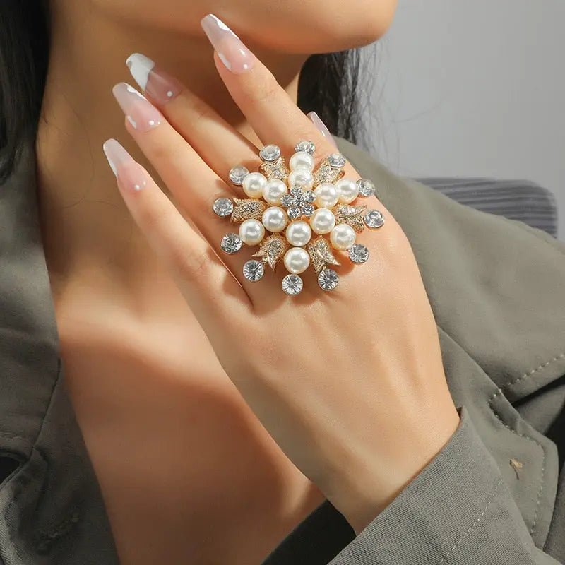 Elegant Luxe Large Pearl Crystal Rings - House Of Reese