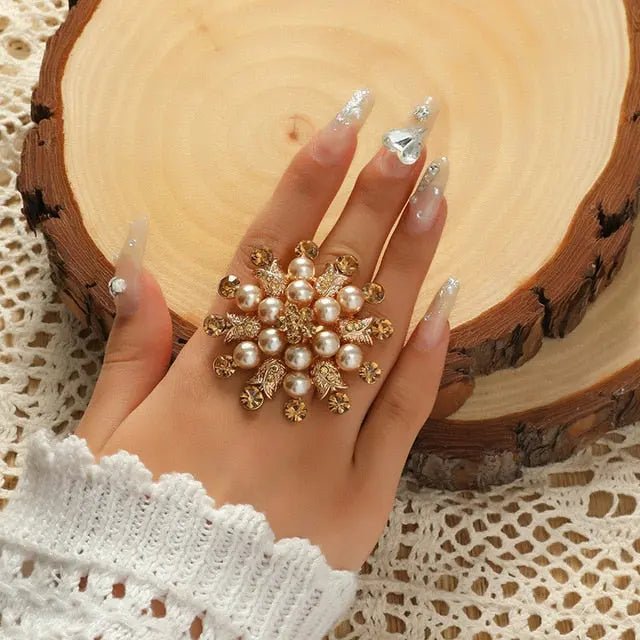 Elegant Luxe Large Pearl Crystal Rings - House Of Reese