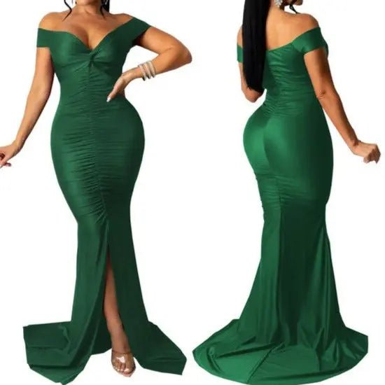 Elegant Luxe Off Shoulder Slinky Long Bodycon Dress - House Of Reese