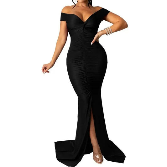 Elegant Luxe Off Shoulder Slinky Long Bodycon Dress - House Of Reese