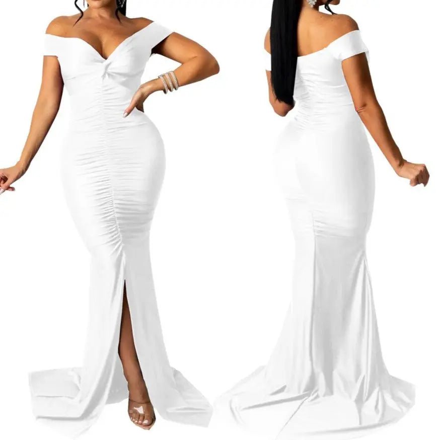 Elegant Luxe Off Shoulder Slinky Long Bodycon Dress - House Of Reese