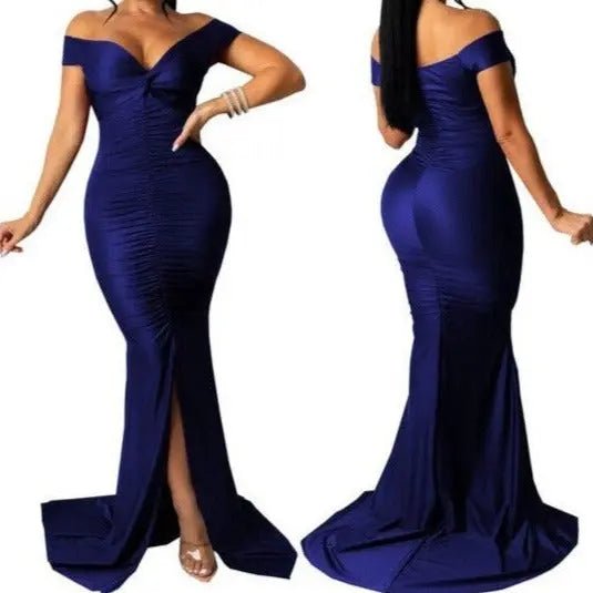 Elegant Luxe Off Shoulder Slinky Long Bodycon Dress - House Of Reese