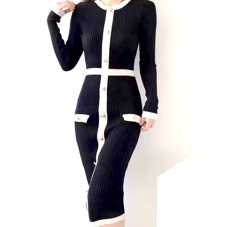 Rose Elegant Black Monochrome Bodycon Midi Dress