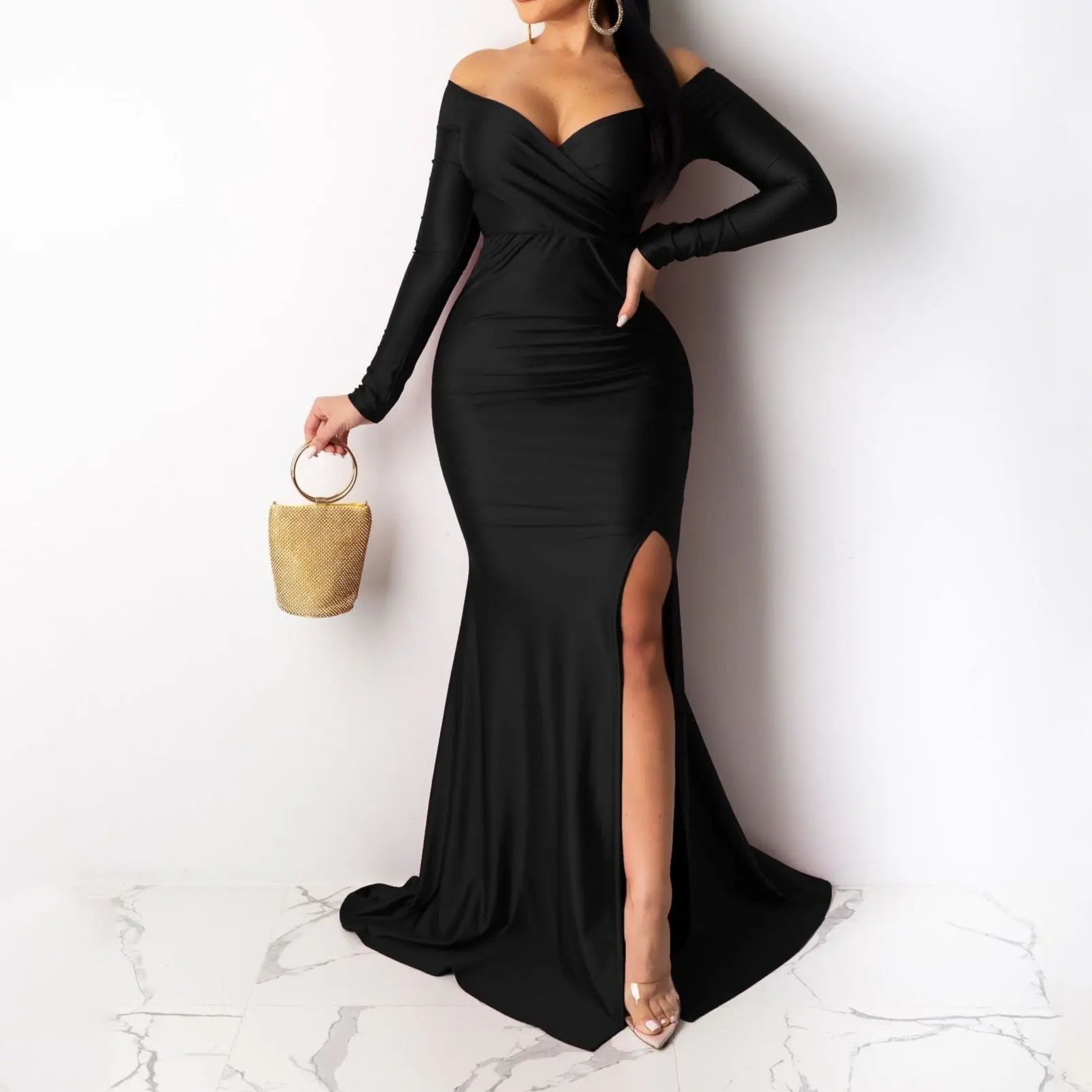 Quinn Luxury Slinky Long Sleeved Maxi Slit Bodycon Dress - House Of Reese