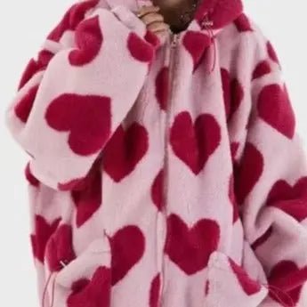 Soft Heart Print Oversized Hooded Fleece - House Of Reese