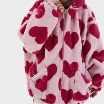 Soft Heart Print Oversized Hooded Fleece - House Of Reese