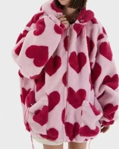 Soft Heart Print Oversized Hooded Fleece - House Of Reese