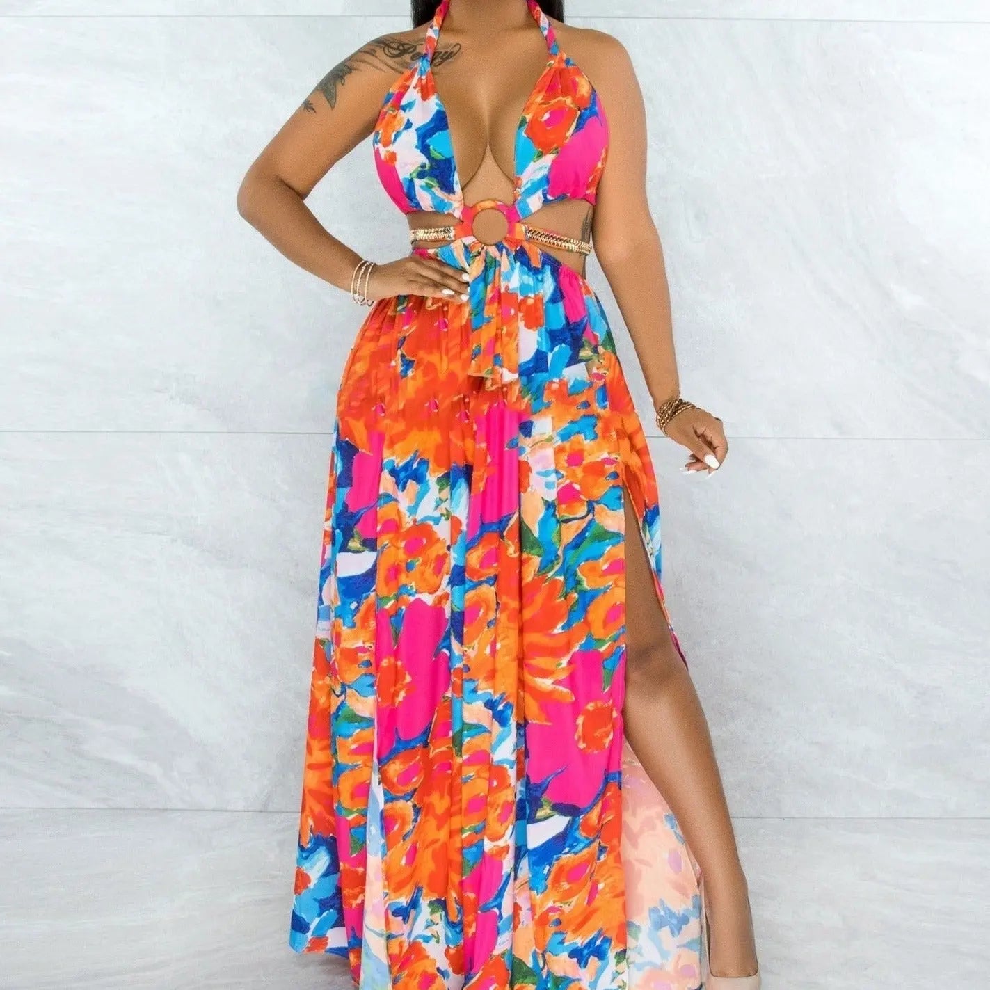 Zoella Maxi Cut-Out Slit Summer Printed Dress - House Of Reese